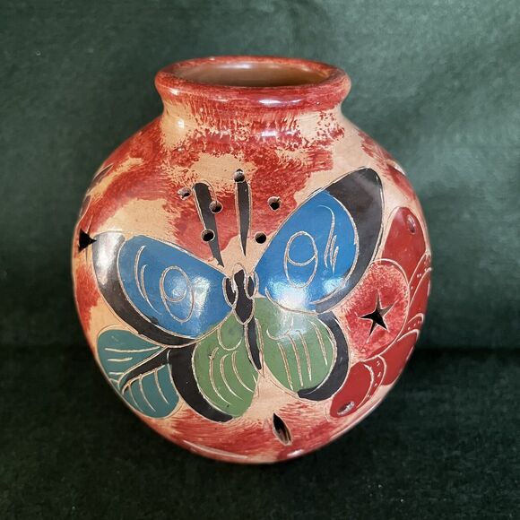 Pottery Turtle Butterfly Tropical Cut-Out Stars Votive/Battery Light Holder 5” - Picture 2 of 8